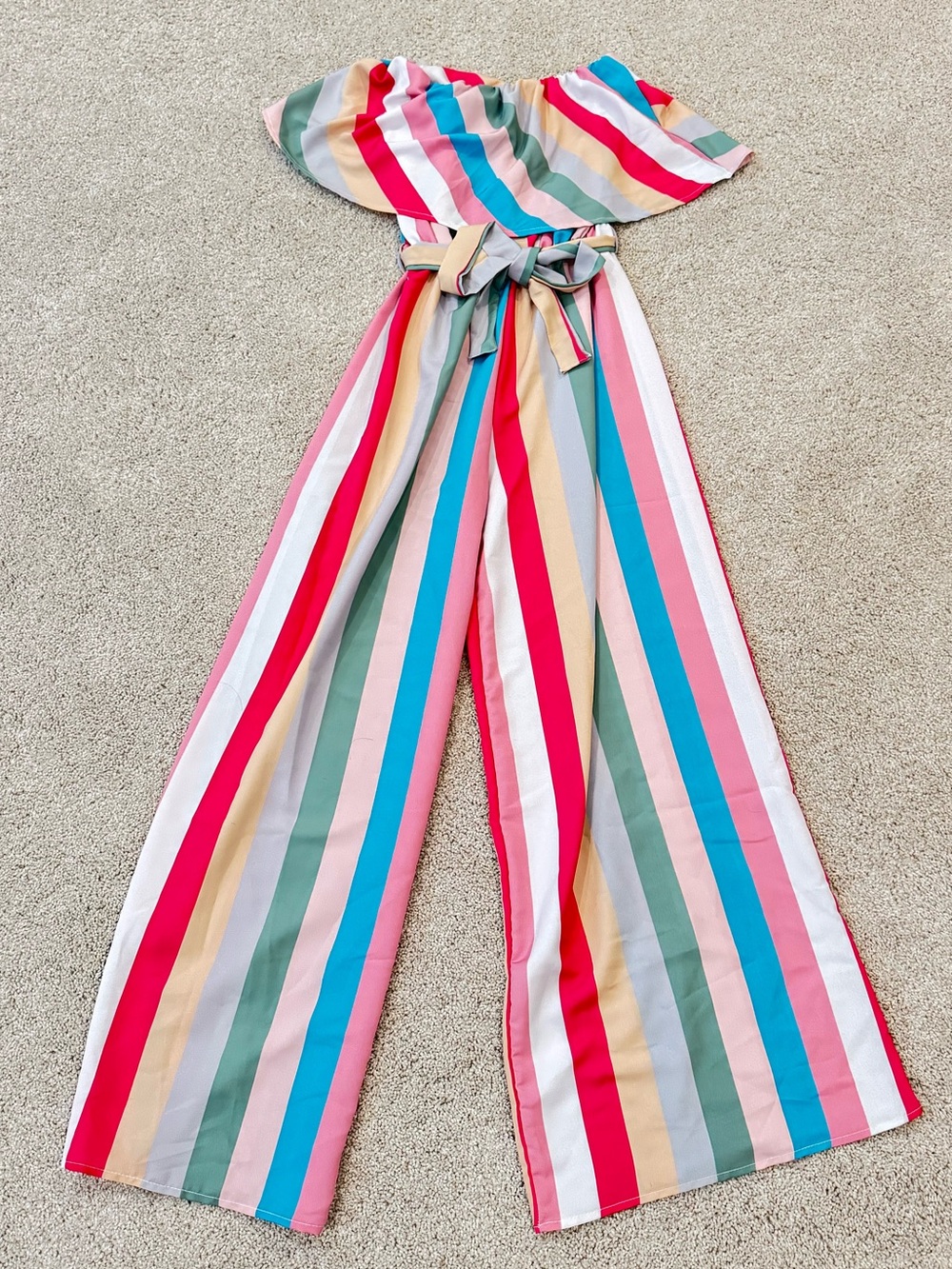 BiBi Multicolor Striped Strapless Jumpsuit with Tie Waist